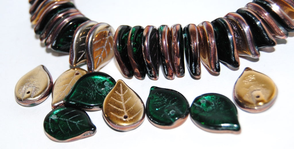 Leaf Pressed Glass Beads, Transparent Green Emerald 27101 (50710 27101), Glass, Czech Republic