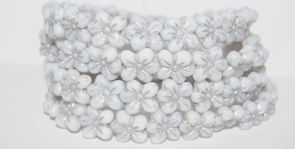 Flower Pressed Glass Beads, White 54201 (2010 54201), Glass, Czech Republic