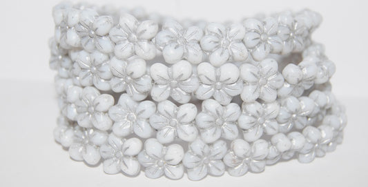 Flower Pressed Glass Beads, White 54201 (2010 54201), Glass, Czech Republic