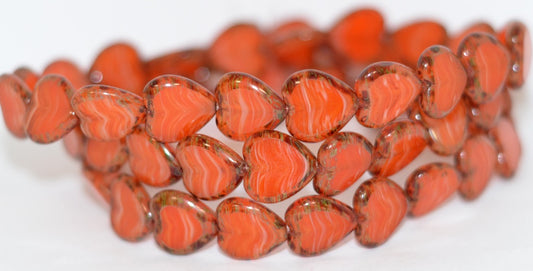 Table Cut Heart Beads, Orange Opal Travertin (Orange Opal 86800), Glass, Czech Republic