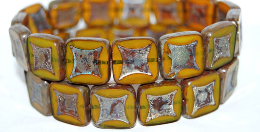 Table Cut Square Beads With Square, Opal Yellow 43400 (81210 43400), Glass, Czech Republic