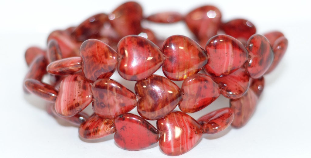 Heart Pressed Glass Beads, Green Purple Travertin (95000 86800), Glass, Czech Republic