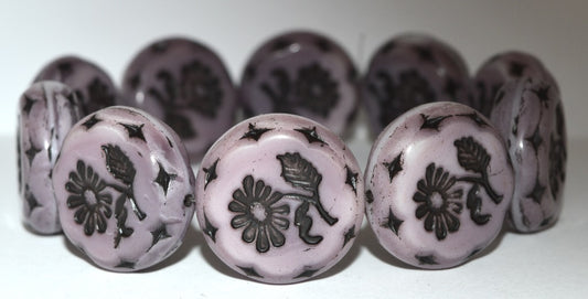 Round Flat With Flower Marguerite Pressed Glass Beads, (7224 23202), Glass, Czech Republic