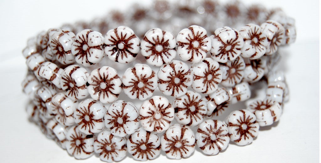 Hawaii Flower Pressed Glass Beads, White 44817 (2010 44817), Glass, Czech Republic