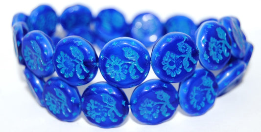 Round Flat With Flower Marguerite Pressed Glass Beads, (37005 46460), Glass, Czech Republic