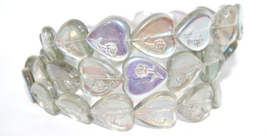 Heart Pressed Glass Beads With Flower, Gray Ab (40010 Ab), Glass, Czech Republic