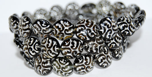 Lentil Round With Ornament Brain Pressed Glass Beads, Gray Mixed Colors 54201 (Gray Mix 54201), Glass, Czech Republic