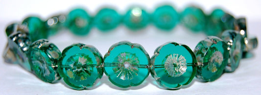 Table Cut Round Beads Hawaii Flowers, Transparent Green Emerald 43400 (50710 43400), Glass, Czech Republic