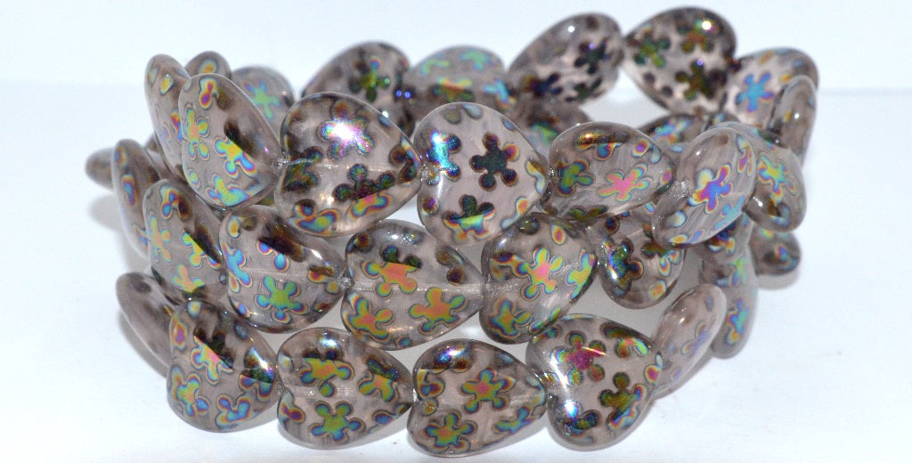 Heart Pressed Glass Beads, (8701 Flowers 2Xside), Glass, Czech Republic