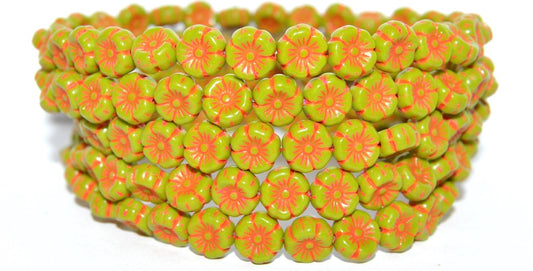 Hawaii Flower Pressed Glass Beads, Opaque Green Neon Rose (53400 Neon Rose), Glass, Czech Republic