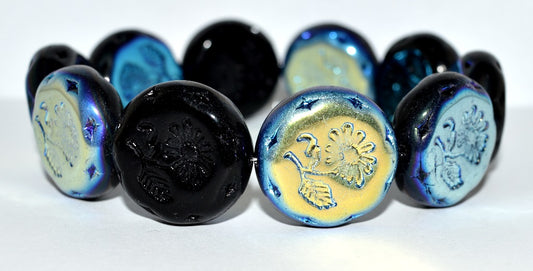 Round Flat With Flower Marguerite Pressed Glass Beads, Black Ab (23980 Ab), Glass, Czech Republic