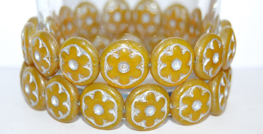 Round With Convex Flower Pressed Glass Beads, Opal Yellow 54201 (81210 54201), Glass, Czech Republic