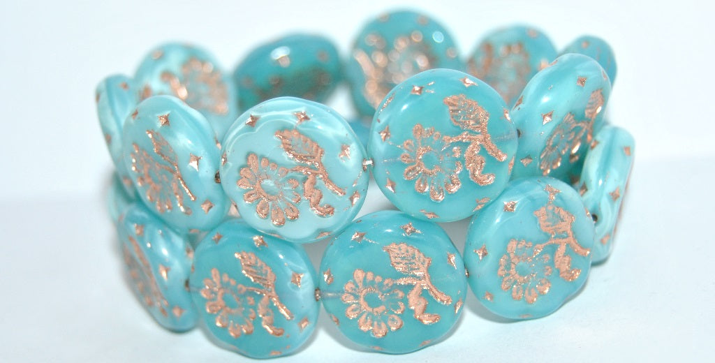 Round Flat With Flower Marguerite Pressed Glass Beads, Opal Aqua 54200 (61300 54200), Glass, Czech Republic