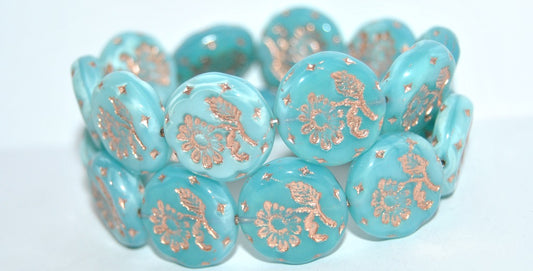 Round Flat With Flower Marguerite Pressed Glass Beads, Opal Aqua 54200 (61300 54200), Glass, Czech Republic
