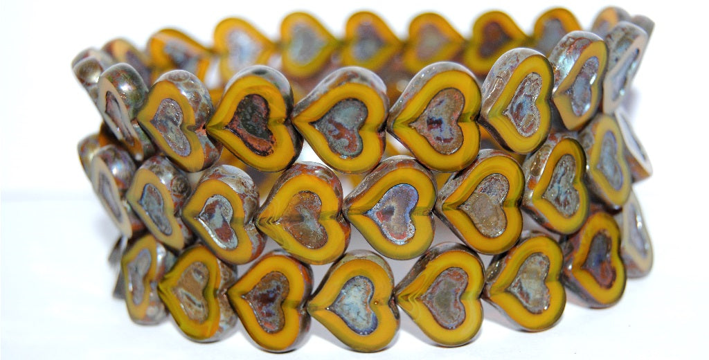 Table Cut Heart Beads With Heart, Opal Yellow 43400 (81210 43400), Glass, Czech Republic