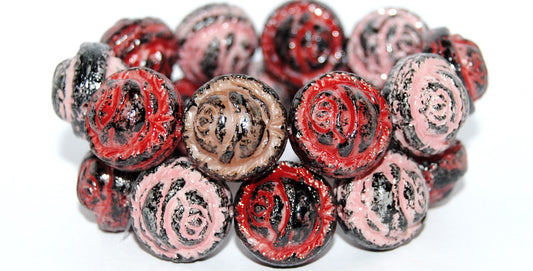 Round With Rose Flower Pressed Glass Beads, (Lava Glass Rpb), Glass, Czech Republic