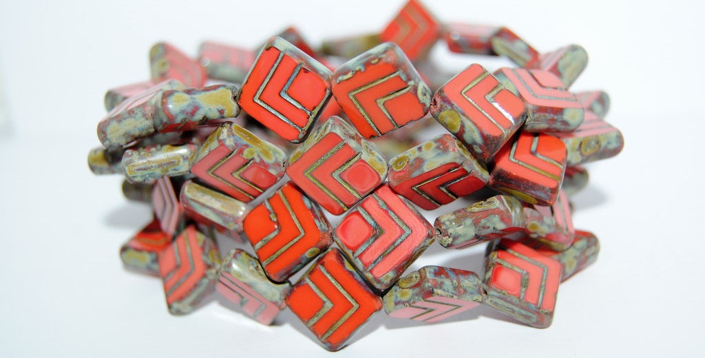 Table Cut Rhomb Beads With Lines, Opaque Orange Stain Strong (93160 86805), Glass, Czech Republic