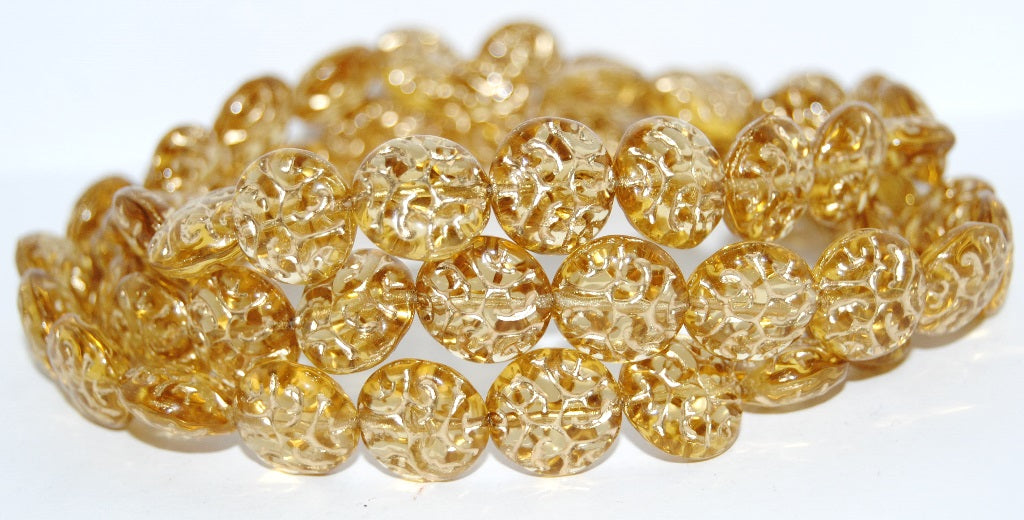 Lentil Round With Ornament Brain Pressed Glass Beads, (10020 54202), Glass, Czech Republic