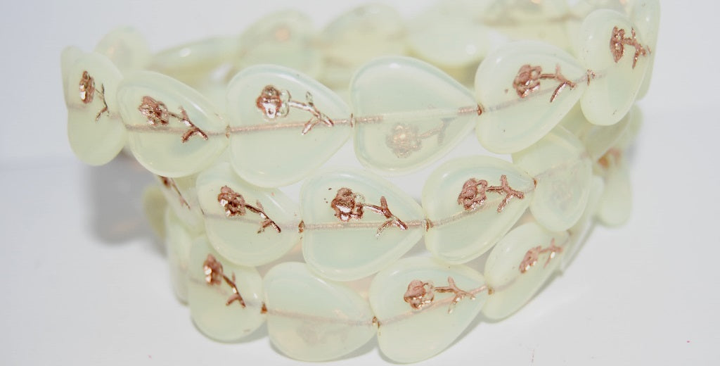 Heart Pressed Glass Beads With Flower, Beige 54200 (84000 54200), Glass, Czech Republic