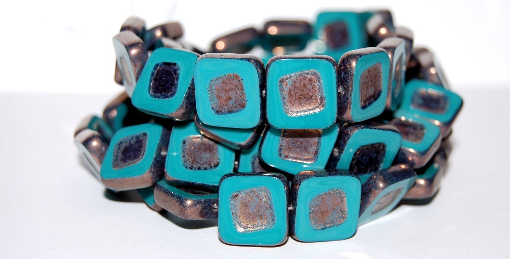 Table Cut Square Beads With Turned Square, Turquise Bronze (63140 14415), Glass, Czech Republic