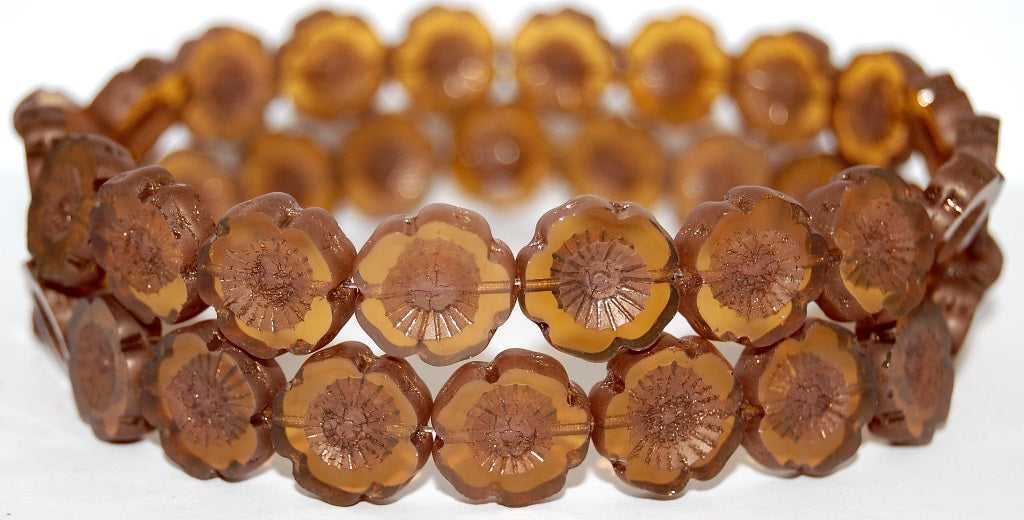 Table Cut Round Beads Hawaii Flowers, Opal Orange Bronze (11000 14415), Glass, Czech Republic