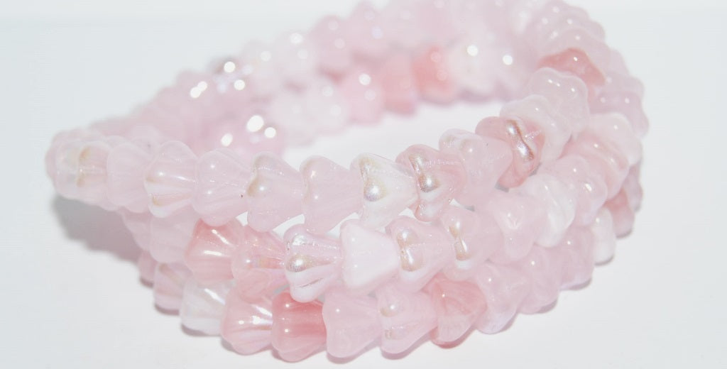 Bell Flower Pressed Glass Beads, Mixed Colors Pink Opal Ab (Mix Pink Opal Ab), Glass, Czech Republic