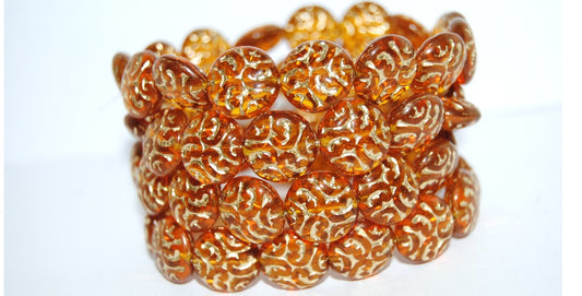 Lentil Round With Ornament Brain Pressed Glass Beads, Transparent Orange 54202 (10040 54202), Glass, Czech Republic