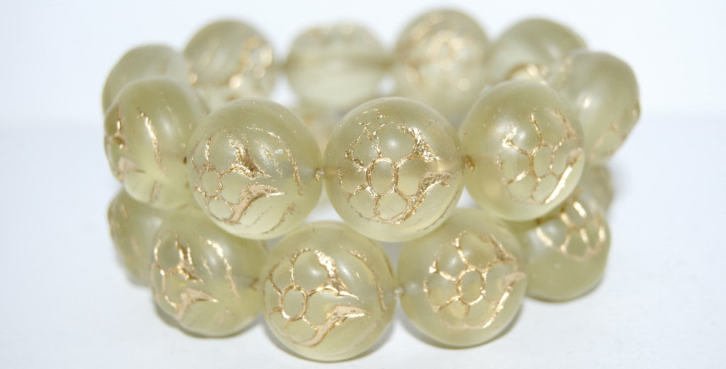 Round With Flower Pressed Glass Beads, Transparent Yellow 54202M (80100 54202M), Glass, Czech Republic