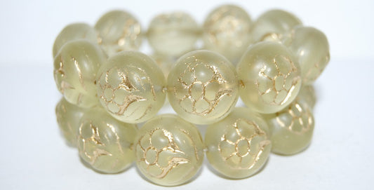 Round With Flower Pressed Glass Beads, Transparent Yellow 54202M (80100 54202M), Glass, Czech Republic