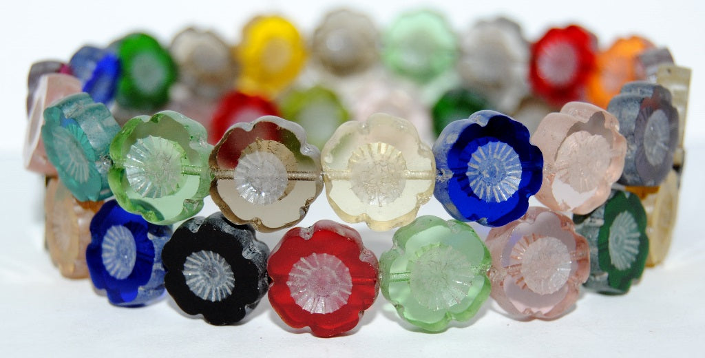 Table Cut Round Beads Hawaii Flowers, Mixed Colors Color Luster Cream (Mix Color 14401), Glass, Czech Republic