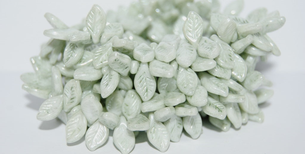 Elm Leaf Pressed Glass Beads, Chalk White Luster Green Full Coated (3000 14457), Glass, Czech Republic