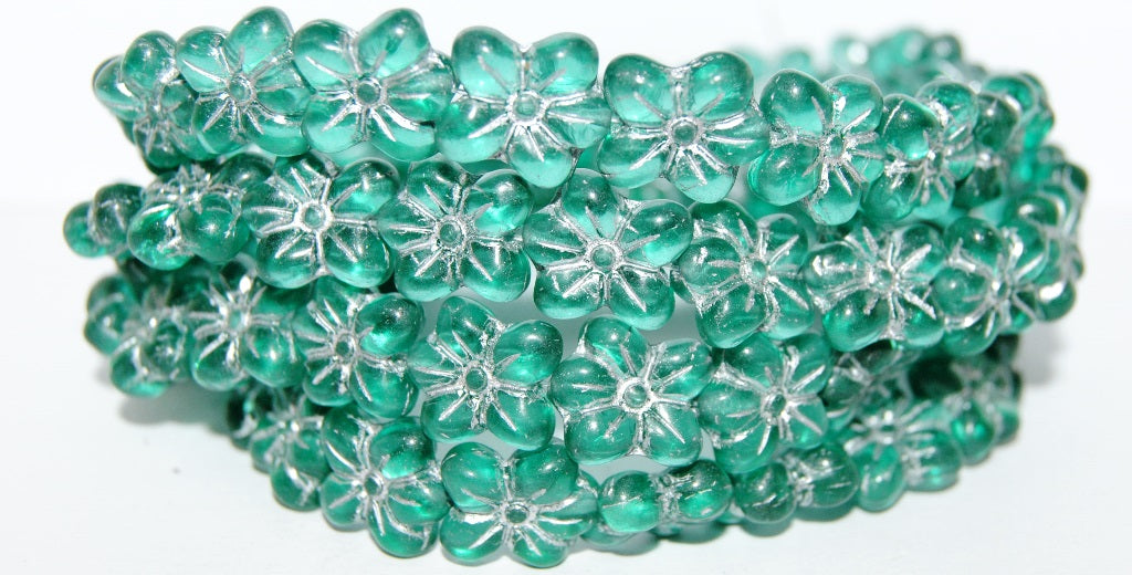 Flower Pressed Glass Beads, Transparent Aqua 54201 (60210 54201), Glass, Czech Republic