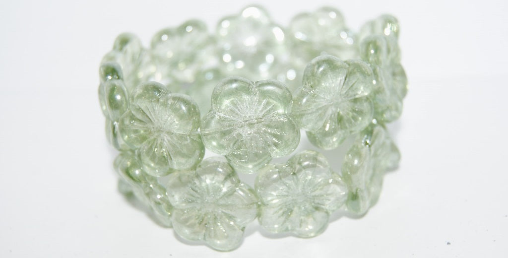 Round Flower Hibiskus Pressed Glass Beads, Crystal Luster Green Full Coated (30 14457), Glass, Czech Republic