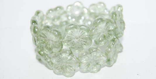 Round Flower Hibiskus Pressed Glass Beads, Crystal Luster Green Full Coated (30 14457), Glass, Czech Republic