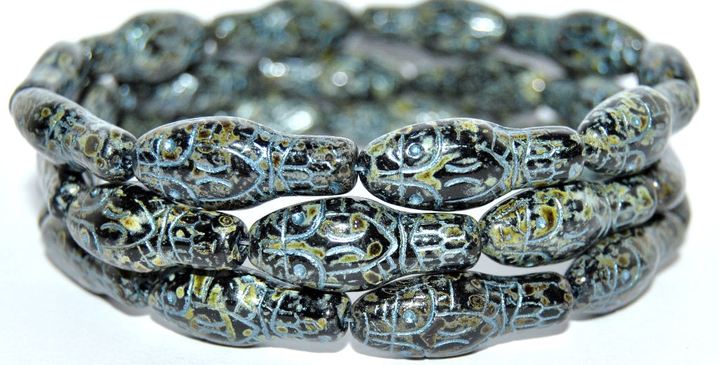 Snake Head Pressed Glass Beads, Black Travertin 43811 Metalic (23980 86800 43811 Metalic), Glass, Czech Republic