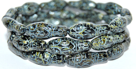 Snake Head Pressed Glass Beads, Black Travertin 43811 Metalic (23980 86800 43811 Metalic), Glass, Czech Republic