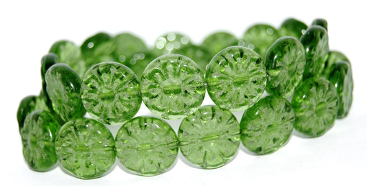 Flat Round With Flower Pressed Glass Beads, Emerald Green 55202 (50120 55202), Glass, Czech Republic