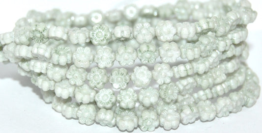 Hawaii Flower Pressed Glass Beads, White Luster Green Full Coated (2010 14457), Glass, Czech Republic