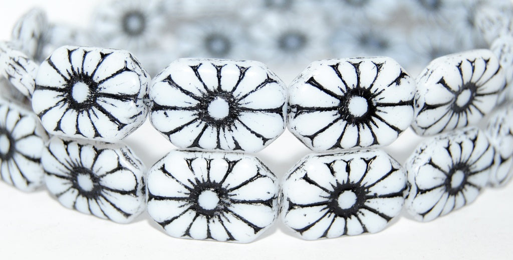 Rounded Rectangle With Flower Pressed Glass Beads, White 46769 (2010 46769), Glass, Czech Republic
