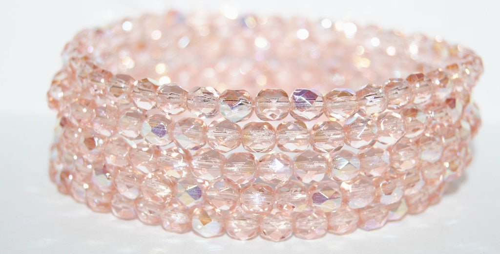 Fire Polished Round Faceted Beads, Transparent Pink Ab (70110 Ab), Glass, Czech Republic