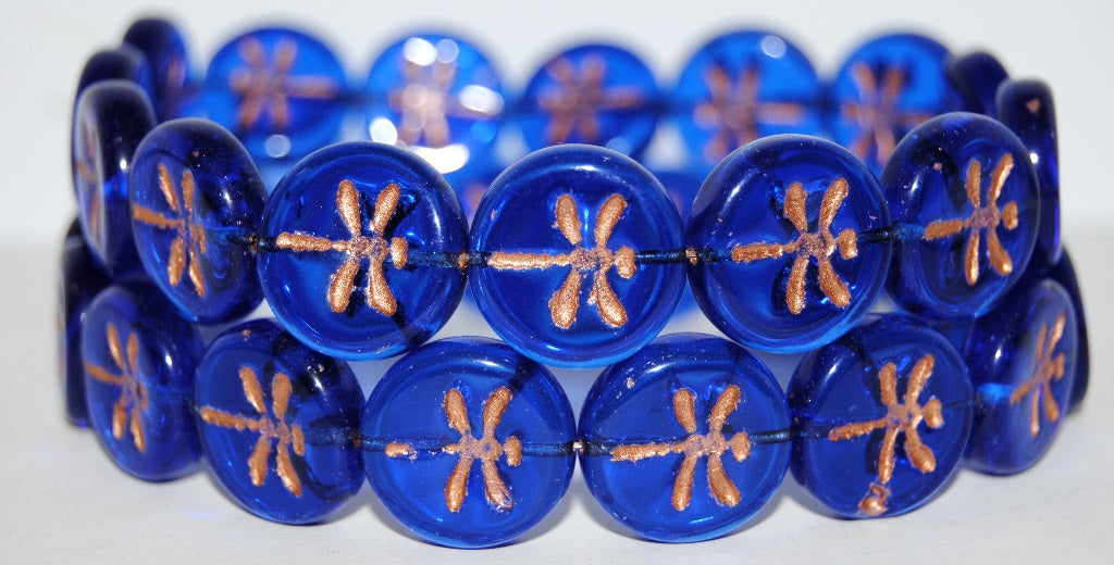 Round Flat Wit Dragonfly Pressed Glass Beads, Transparent Blue 54200 (30060 54200), Glass, Czech Republic
