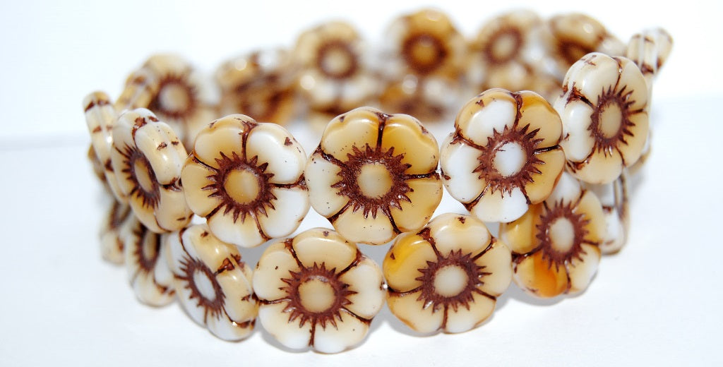 Round Flat Flower Pressed Glass Beads, Dark Beige 46410 (7193 46410), Glass, Czech Republic