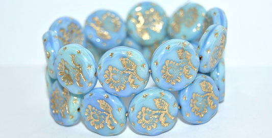 Round Flat With Flower Marguerite Pressed Glass Beads, (37114 54202), Glass, Czech Republic