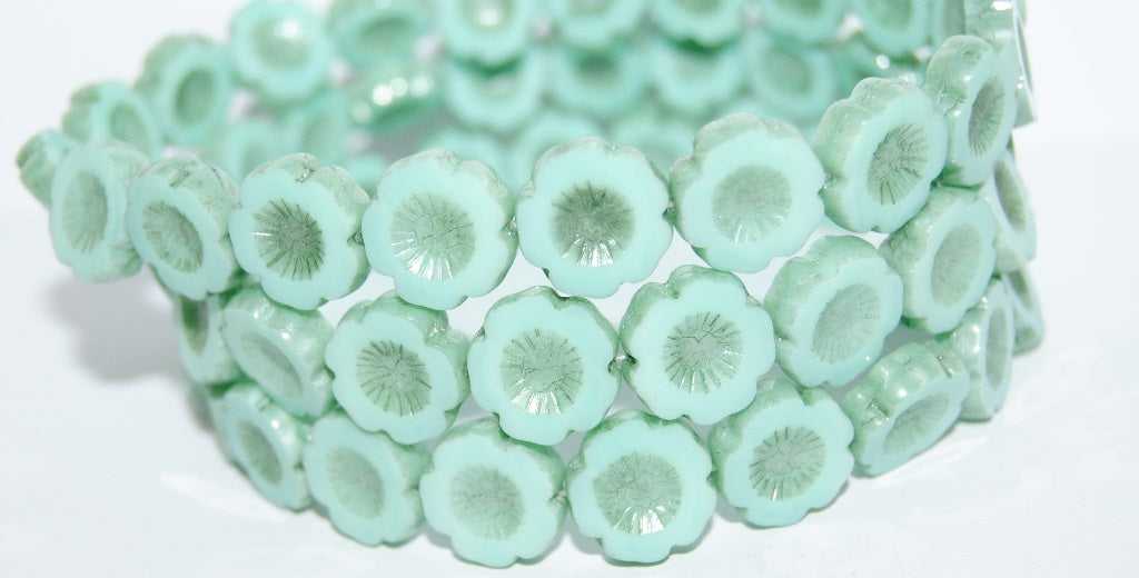 Table Cut Round Beads Hawaii Flowers, 52000B Luster Green Full Coated (52000B 14457), Glass, Czech Republic