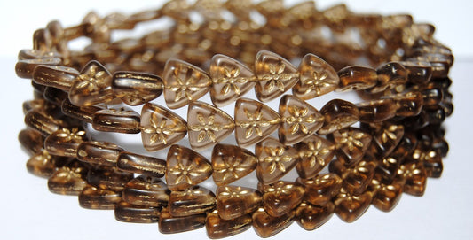 Triangle Flat Wit Flower Pressed Glass Beads, Transparent Brown 54202M (10200 54202M), Glass, Czech Republic