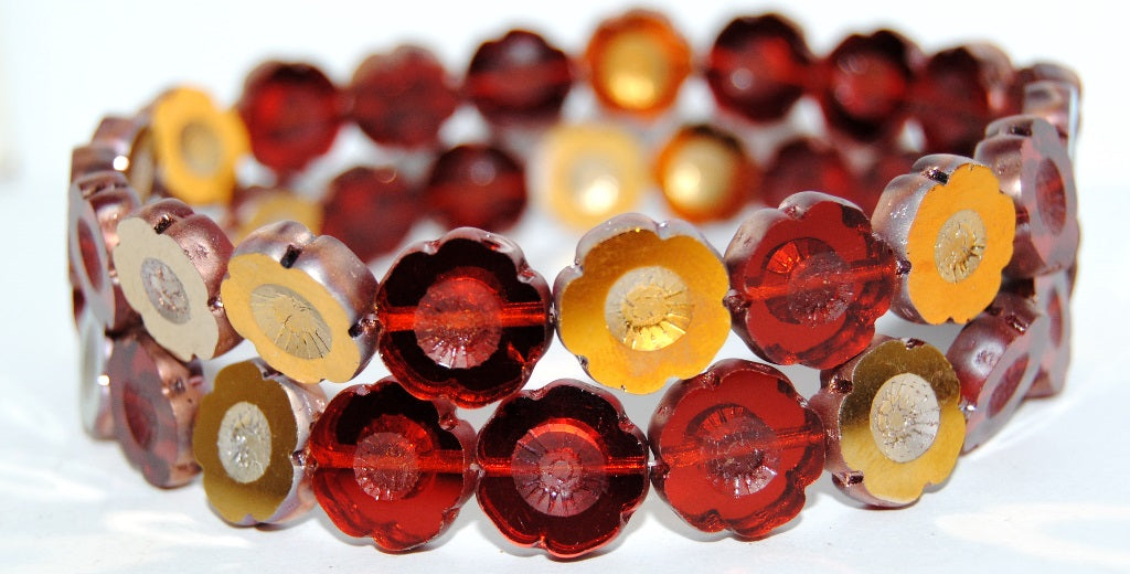 Table Cut Round Beads Hawaii Flowers, Transparent Red 27101 (90060 27101), Glass, Czech Republic