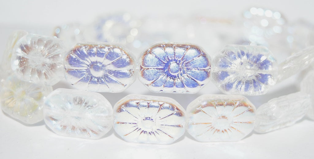 Rounded Rectangle With Flower Pressed Glass Beads, Crystal Ab (30 Ab), Glass, Czech Republic