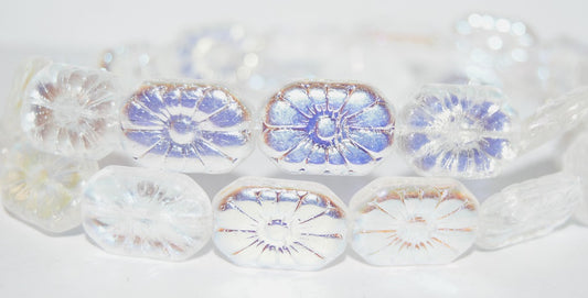 Rounded Rectangle With Flower Pressed Glass Beads, Crystal Ab (30 Ab), Glass, Czech Republic