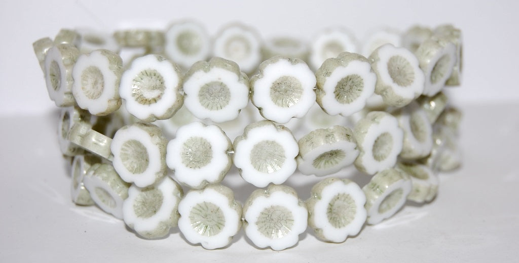 Table Cut Round Beads Hawaii Flowers, White Luster Green Full Coated (2010 14457), Glass, Czech Republic