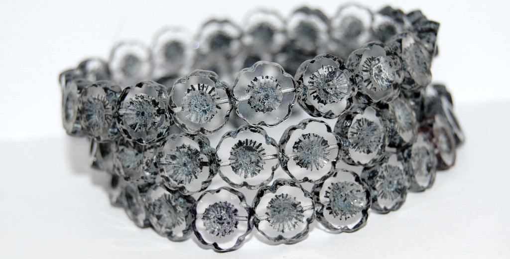 Table Cut Round Beads Hawaii Flowers, Lava Glass Crystal Black (Lava Glass 30 Black), Glass, Czech Republic